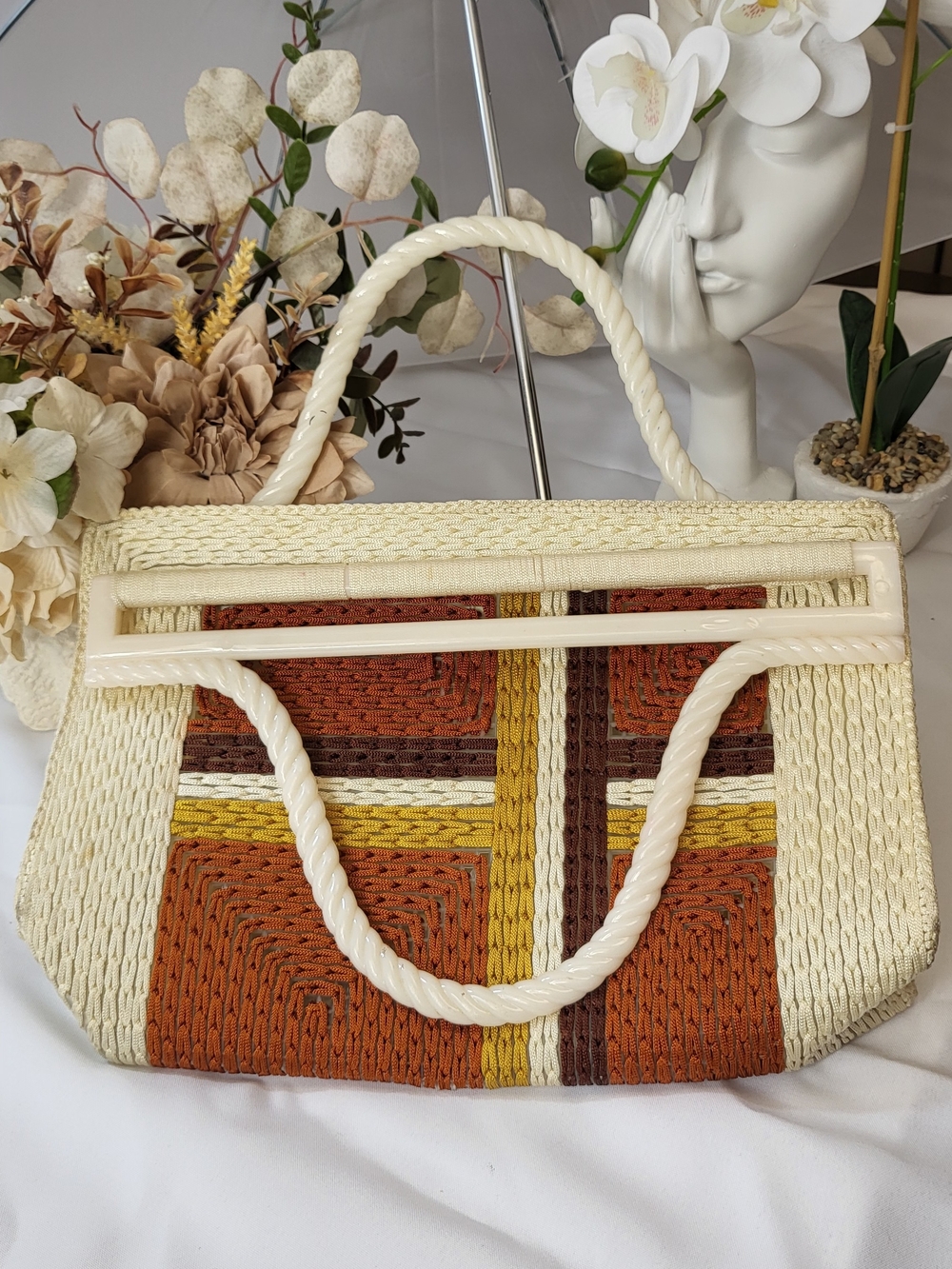 Handmade Woven Geometric Tote in Orange & Cream